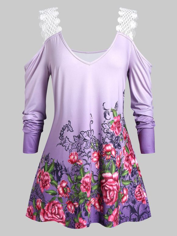 T-shirt Plongeant Fleur Imprimée au Crochet à Epaule Dénudée de Grande Taille - Violet Améthyste 5X