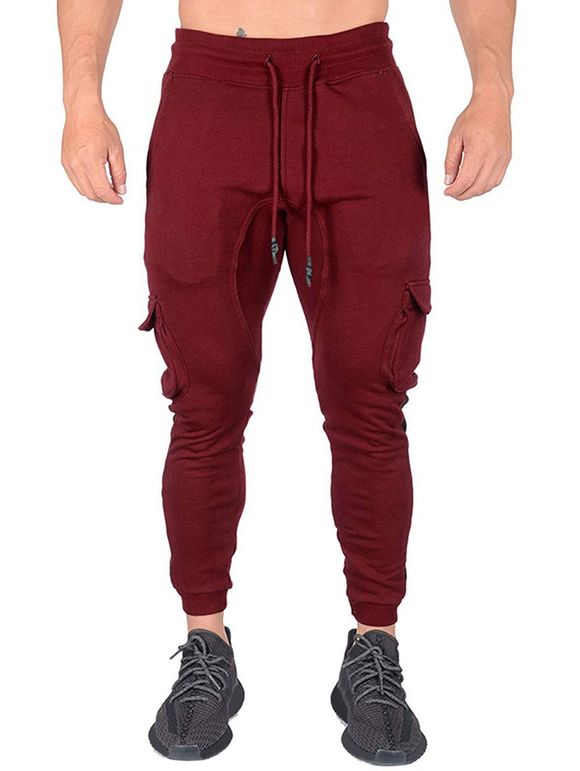 Pantalon de Jogging de Sport Jointif Ourlet Contrasté avec Poche à Rabat - Rouge XL