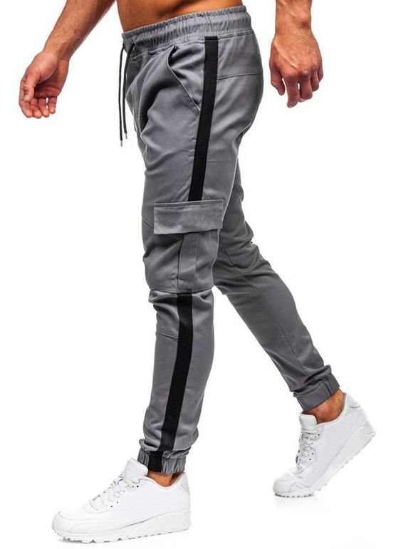 Pantalon de Jogging à Rayure Latérale avec Poches à Rabat - Gris 2XL