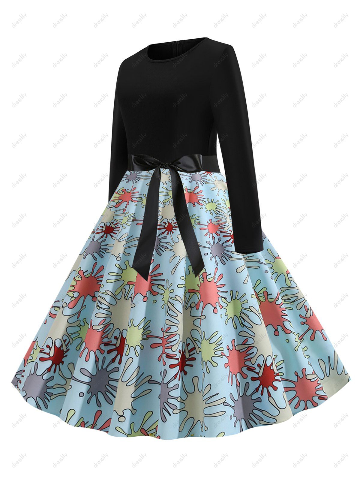 Splash Print Belted Long Sleeves Flare Dress - LIGHT SKY BLUE M