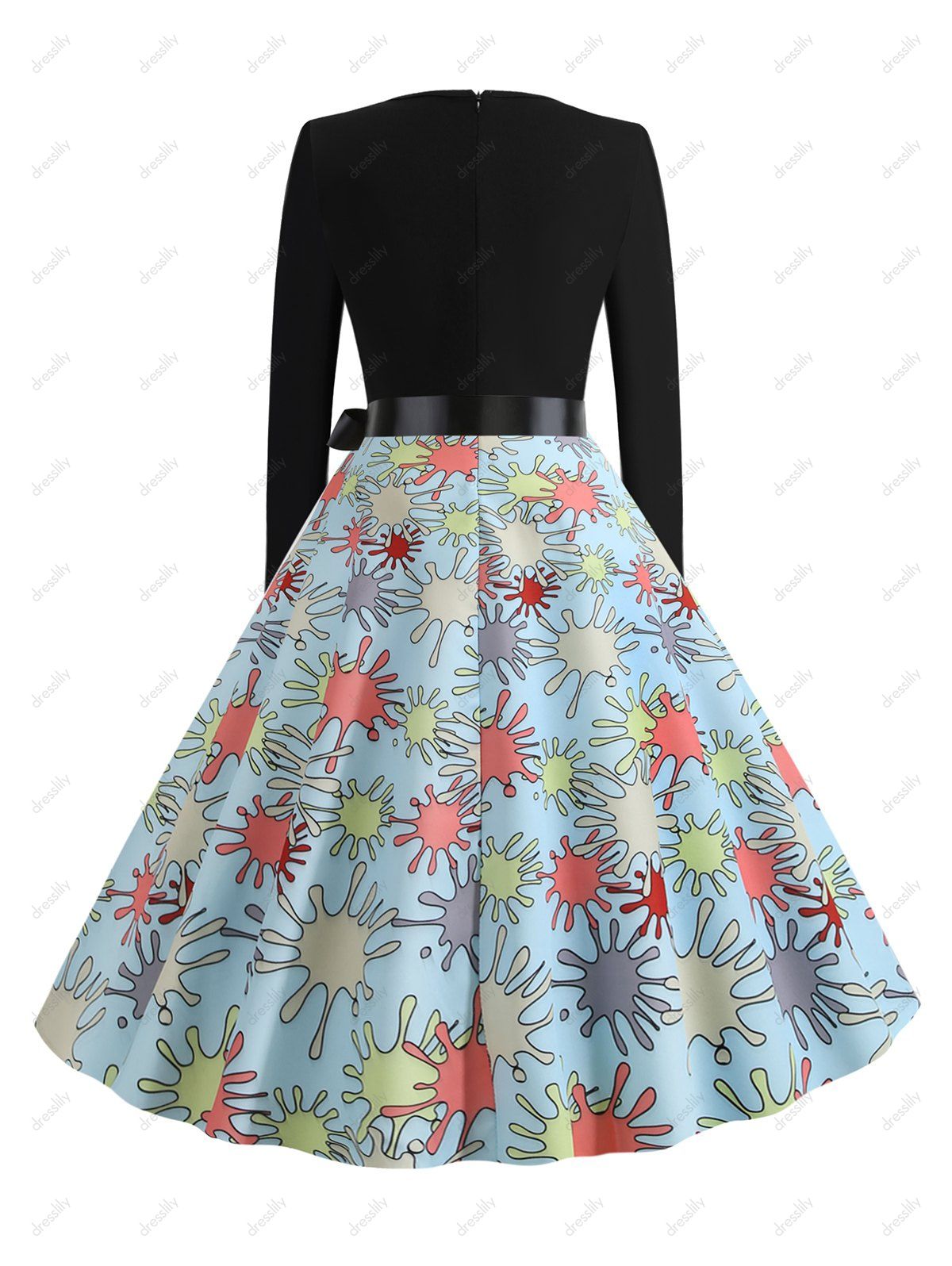 Splash Print Belted Long Sleeves Flare Dress - LIGHT SKY BLUE M