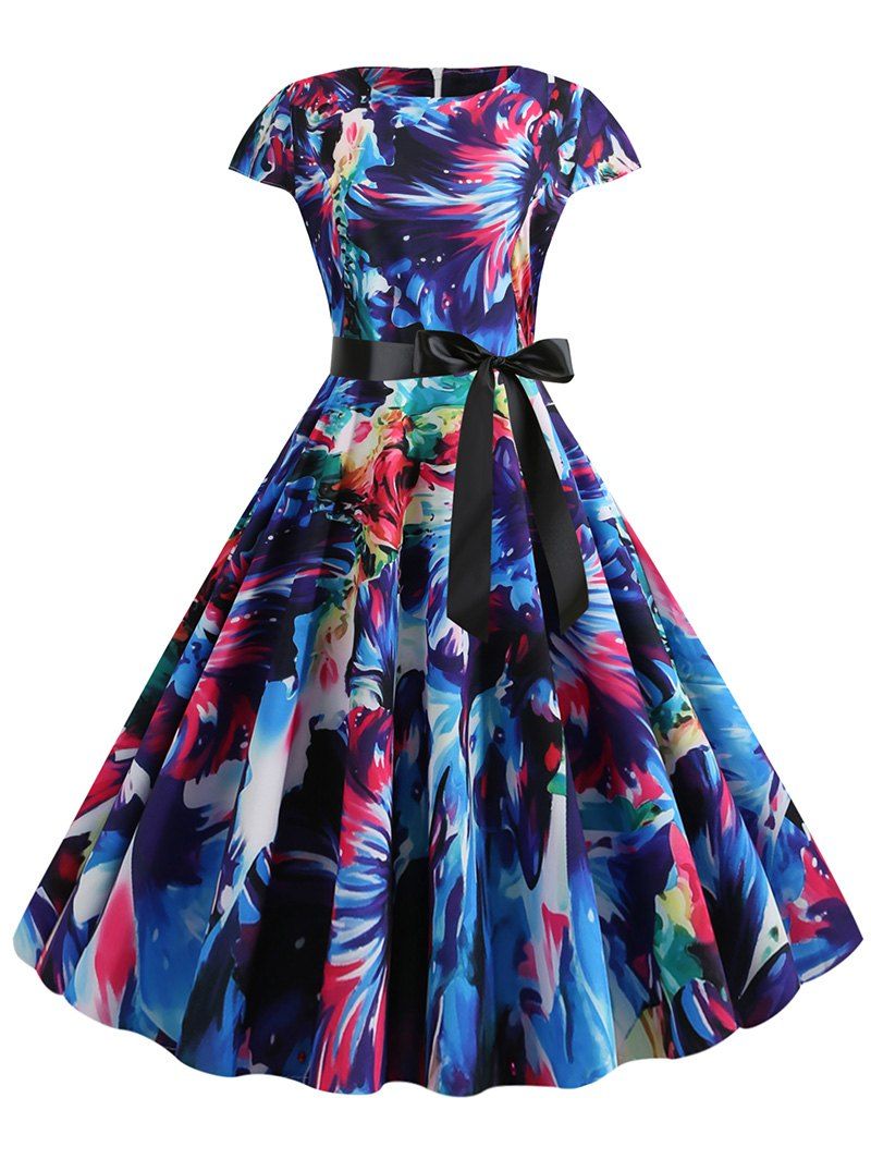 DressLily.com: Photo Gallery - Watercolor Print Cap Sleeves Belted A ...