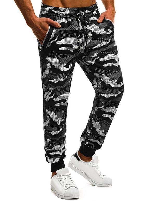 Pantalon de Jogging Camouflage Zippé à Pois Imprimé avec Poches - Noir 2XL