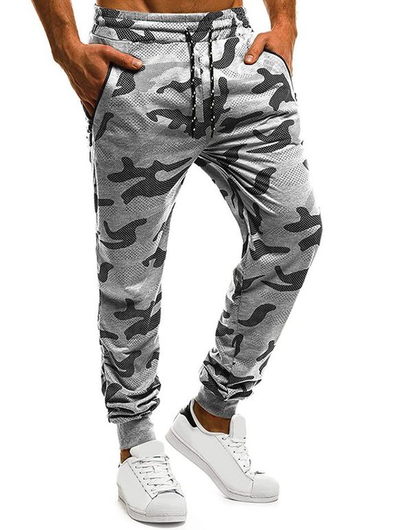 Pantalon de Jogging Camouflage Zippé à Pois Imprimé avec Poches - Gris Clair 2XL