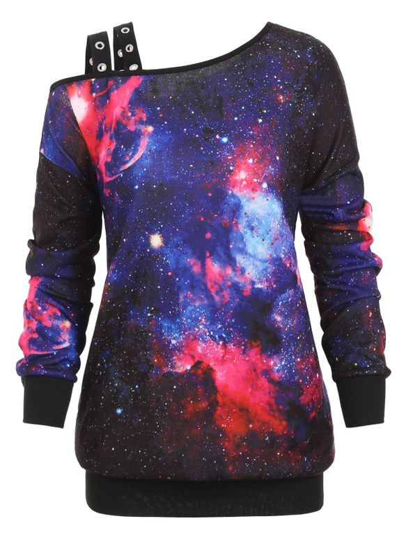 Sweatshirt Galaxie Imprimée à Epaule Dénudée de Grande Taille avec œillet - Bleu L