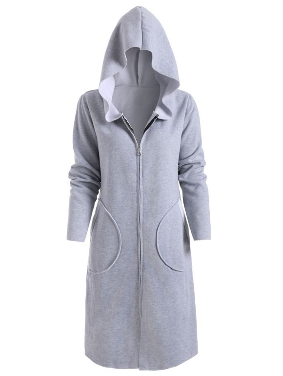 Manteau à Capuche Zippé avec Poches - Gris XL