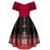 Off The Shoulder Paisley Skull Print Plus Size Vintage Dress - RED WINE 1X