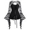T-shirt Gothique Découpé en Dentelle Transparente à Manches Evasées - Nuit XL