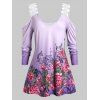 T-shirt Plongeant Fleur Imprimée au Crochet à Epaule Dénudée de Grande Taille - Violet Améthyste 5X