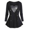 T-shirt Manches Longues de Grande Taille à Col en Forme de Cœur à Paillettes - Noir 4X