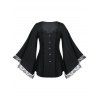T-shirt Tunique en Dentelle Insérée à Manches Evasées de Grande Taille - Noir 3X