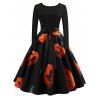 Robe Trapèze Rétro d'Halloween Imprimée de Grande Taille - Orange Halloween 1X