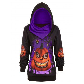 

Plus Size 3D Pumpkin Print Convertible Halloween Hoodie, Purple