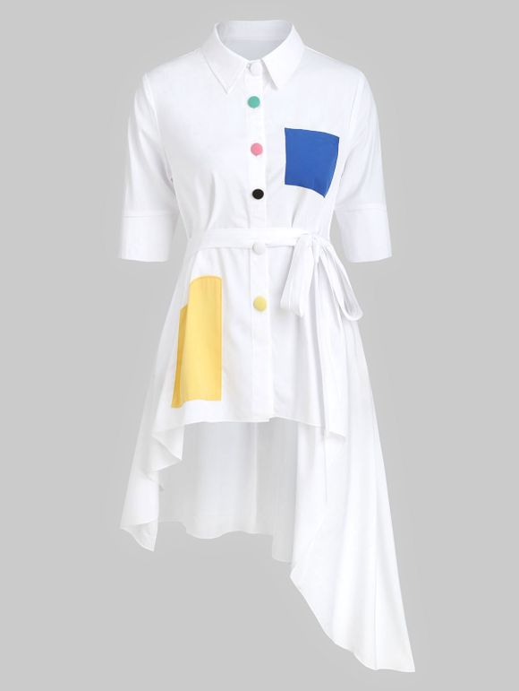 Button Up Asymmetric Belted Pocket Shirt - WHITE L