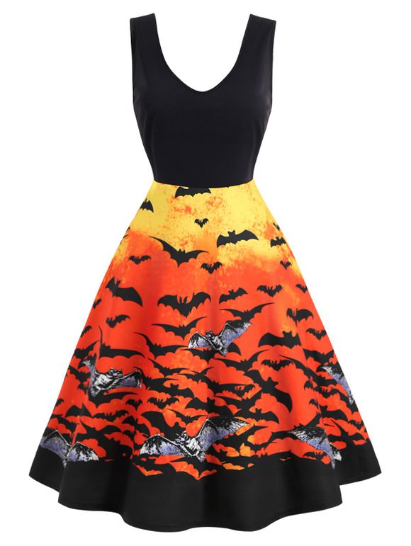 Robe Trapèze d'Halloween Vintage Chauve-souris Imprimé de Grande Taille - Noir 4X