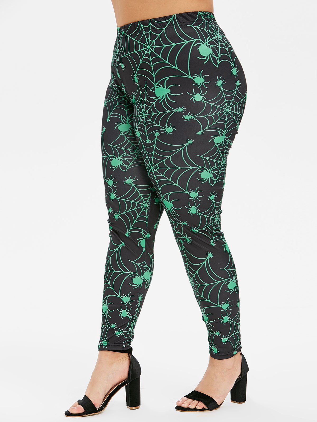 

Plus Size High Rise Spider Web Print Halloween Leggings, Black
