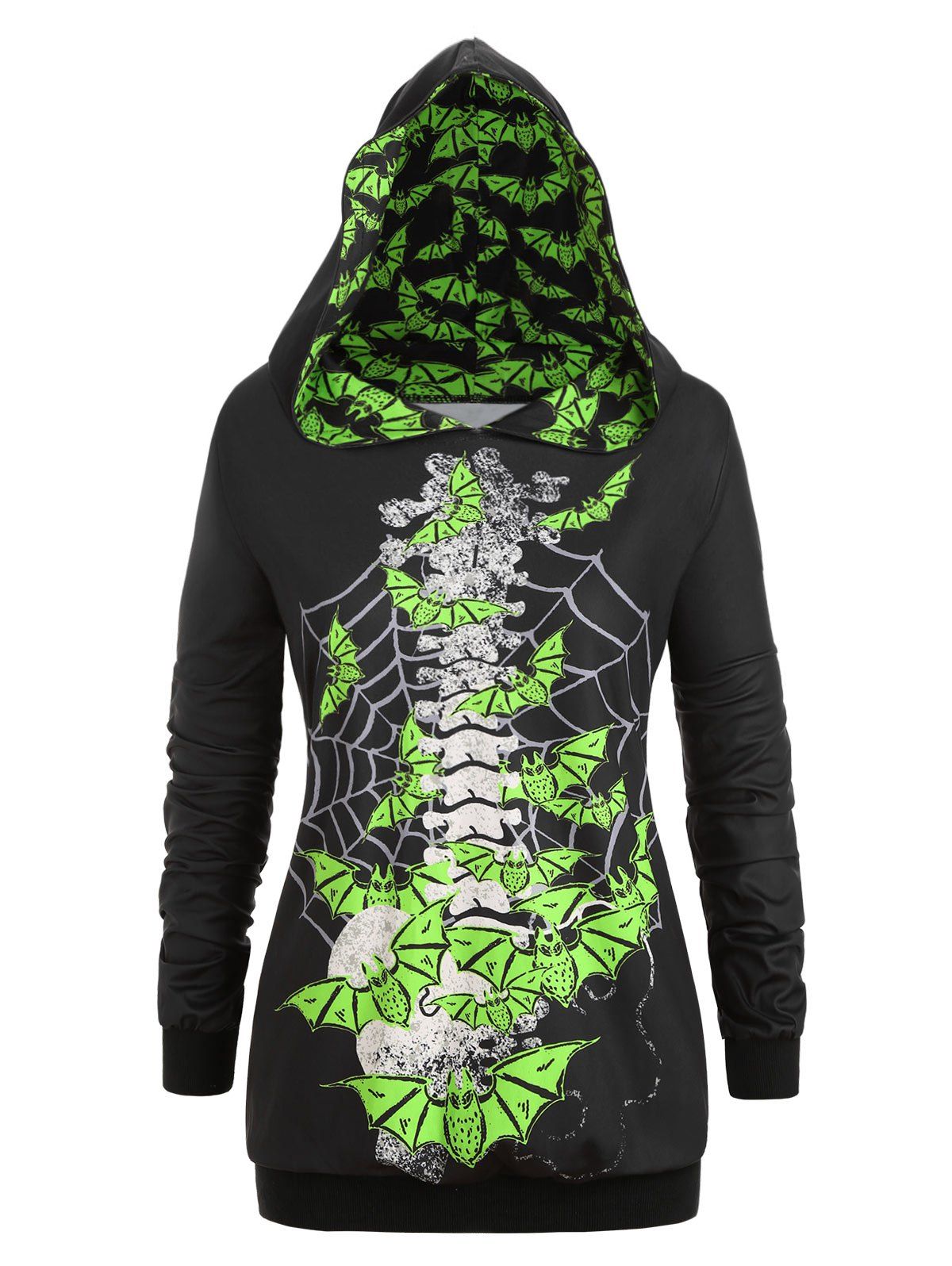

Plus Size Halloween Neon Bat Skeleton Print Pullover Hoodie, Black