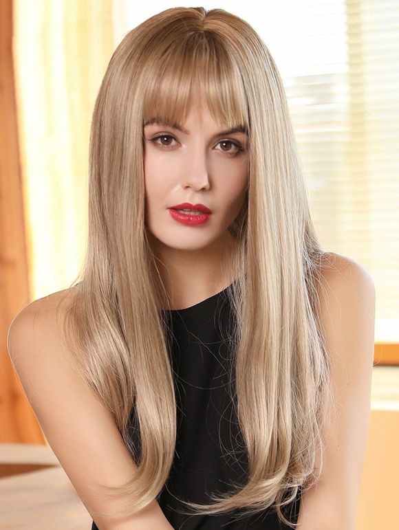 See-through Bang Long Straight Ombre Synthetic Wig - multicolor 