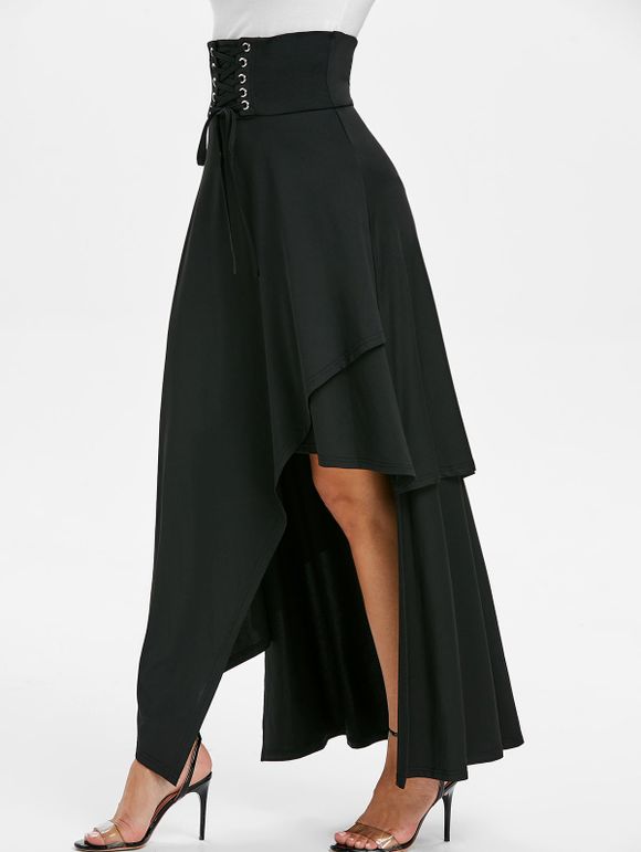 Maxi Jupe Superposée Asymétrique à Taille Haute à Lacets - Noir XL