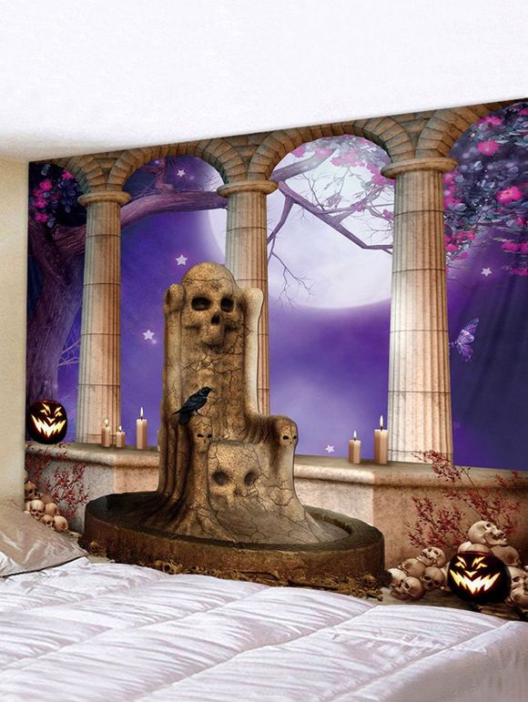 Halloween Night Skull Seat Print Tapestry Wall Hanging Art Decoration - multicolor W59 X L59 INCH