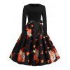 Maple Leaves Cat Belted Flared Halloween Dress - BLACK M