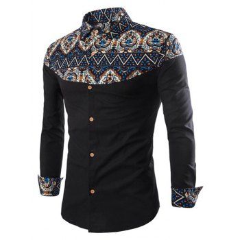

Ethnic Print Patch Button Up Long Sleeve Shirt, Black