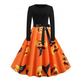 

Retro Pumpkin Printed Halloween Dress, Pumpkin orange