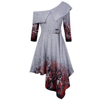 

Long Sleeve Tree Printed High Waist Dress, Gray goose