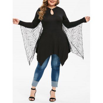 

Plus Size Handkerchief Keyhole Gothic T-shirt With Lace Bat Wings, Black