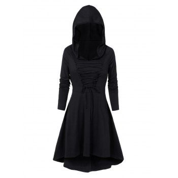 

Hooded Lace-up Heathered High Low Gothic Dress, Black