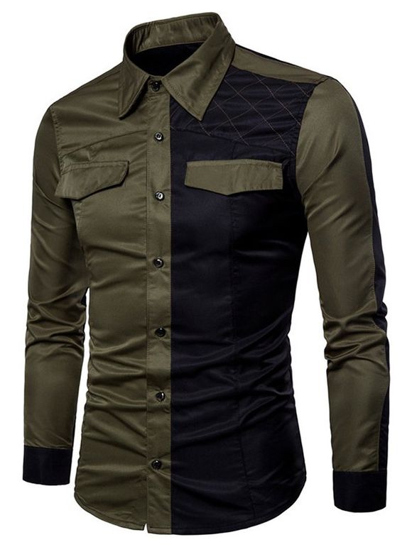 Chemise Boutonnée Contrastée Jointive avec Fausse Poche - Vert Armée L