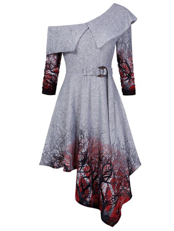 Long Sleeve Tree Printed High Waist Dress - GRAY GOOSE 3XL