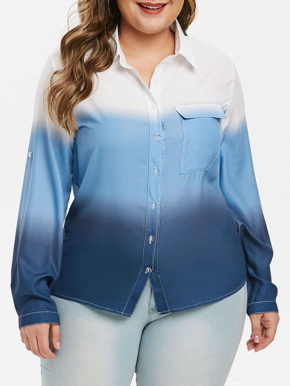 Chemise Boutonnée Ombrée avec Poche en Avant Grande Taille - Bleu 2X