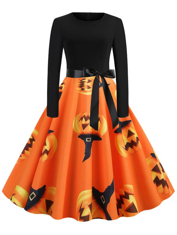 Robe d'Halloween Rétro Citrouille Imprimée - Orange Citrouille 3XL