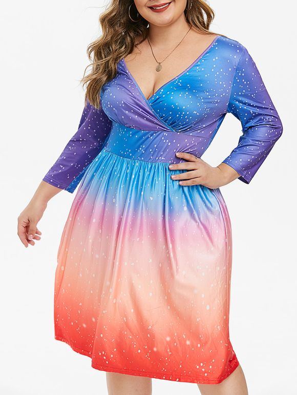 Plus Size Plunging Neckline Dotted Ombre Color Dress - SILK BLUE 5X