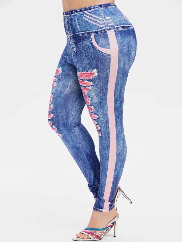 Legging Moulant 3D Jean Imprimé à Coupe Haute de Grande Taille - Bleu Foncé Toile de Jean 5X