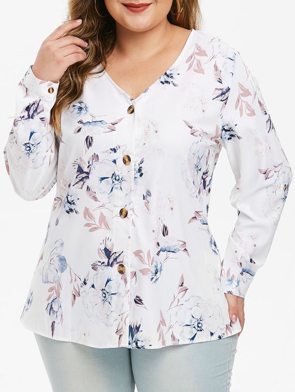 Haut Boutonnée Fleuri à Manches Bouffantes de Grande Taille - Blanc 2X