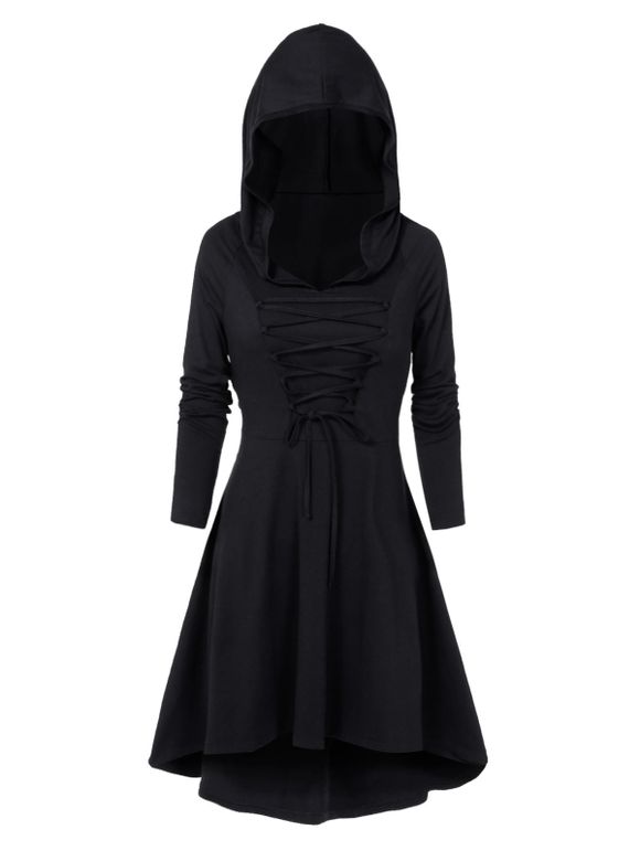 Robe à Capuche Gothique Haute Basse Chinée à Lacets - Noir M