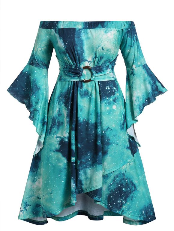 Robe Galaxie Teintée Imprimée à Epaule Dénudée de Grande Taille - Turquoise 1X