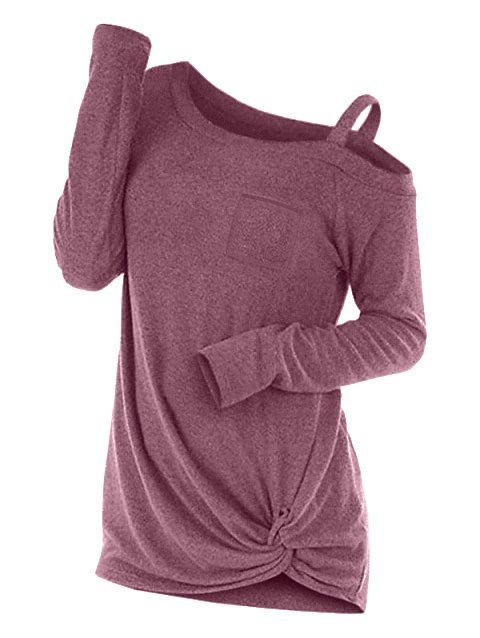 T-shirt Tordu en Avant de Grande Taille à Col Oblique - Rouge Violet Pâle 1X