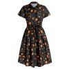 Robe d'Halloween Ceinturée Crâne Imprimée à Demi-boutonnée - Noir 2XL