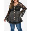 T-shirt Boutonné Panneau en Dentelle de Grande Taille à Col Rond - Gris Carbone 5X