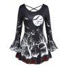 T-shirt d'Halloween Evasé Citrouille Imprimée de Grande Taille à Col Rond - Noir 4X