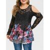 T-shirt Fleuri Panneau en Dentelle à Epaule Dénudée de Grande Taille - Noir 3X