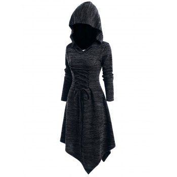 

Lace Up Heathered Asymmetric Hooded Dress, Black