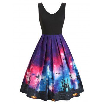 

Galaxy Bat Graphic Sleeveless Halloween Dress, Black