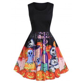

Plus Size Sleeveless Pumpkin Print Fit And Flare Vintage Halloween Dress, Black