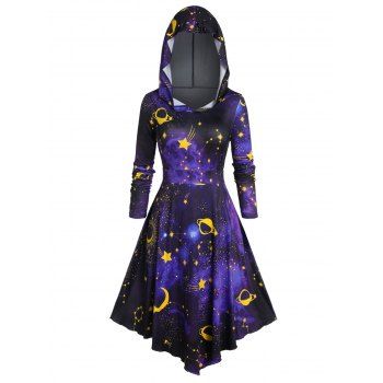 

Plus Size Hooded 3D Galaxy Print Halloween Midi Dress, Black