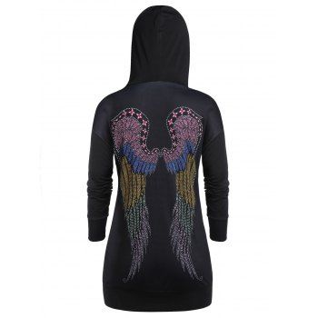 

Plus Size Lace Up Wing Print Kangaroo Pocket Hoodie, Black