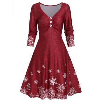 

A Line Snow Print Button Long Sleeve Dress, Red wine